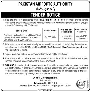 Pakistan Airport Authority Karachi Tender Notice